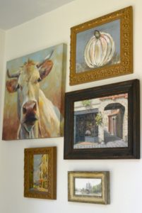 foyer, hallway, hall, long and narrow space, long and narrow foyer, front door, long and narrow entry, entryway, art wall, eclectic art wall, gallery wall, collection, frames, framed art, home tour.